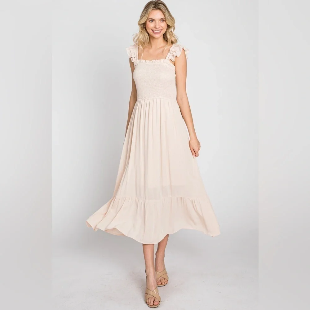 NWT Jodifl Women’s Cream Boho Cottage Core Maxi Ruffle Smocked Dress Sz 2X